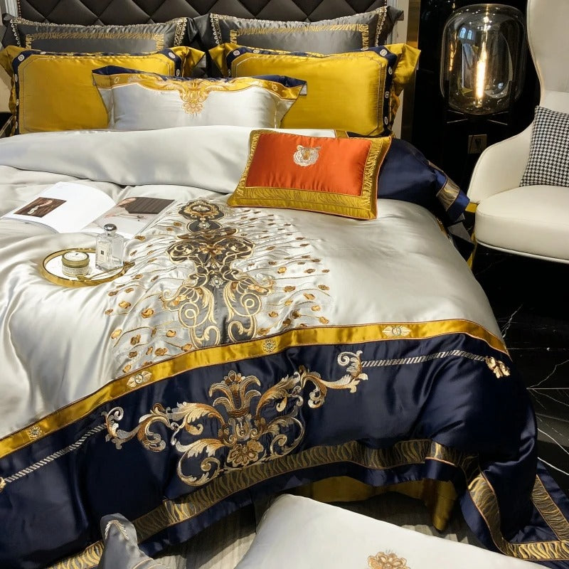 Blue Embroidery Egyptian Cotton Bedding Set with Duvet Cover - 1000TC