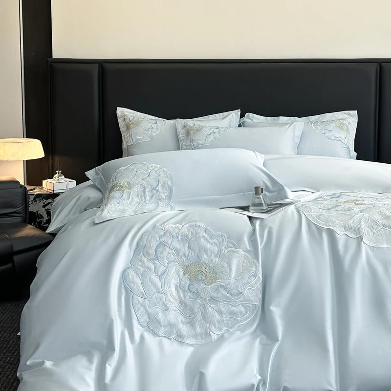 Embroidered Blue Satin Floral Bedding Set with Duvet Cover -  600TC