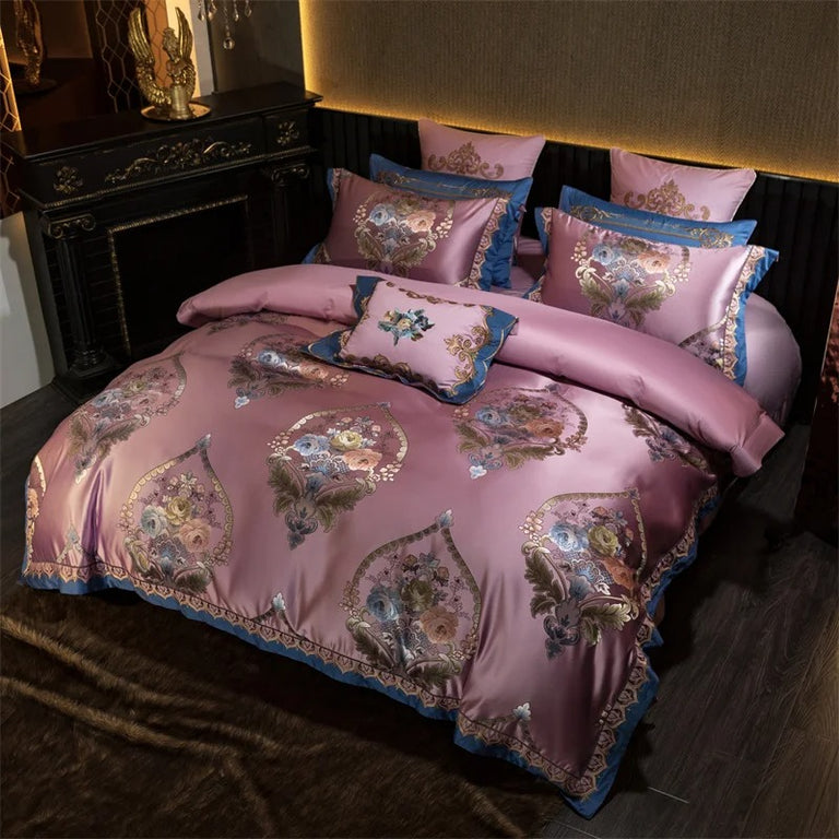 Royal Pink Floral Embroidery Bedding Set with Duvet Cover - 1000TC
