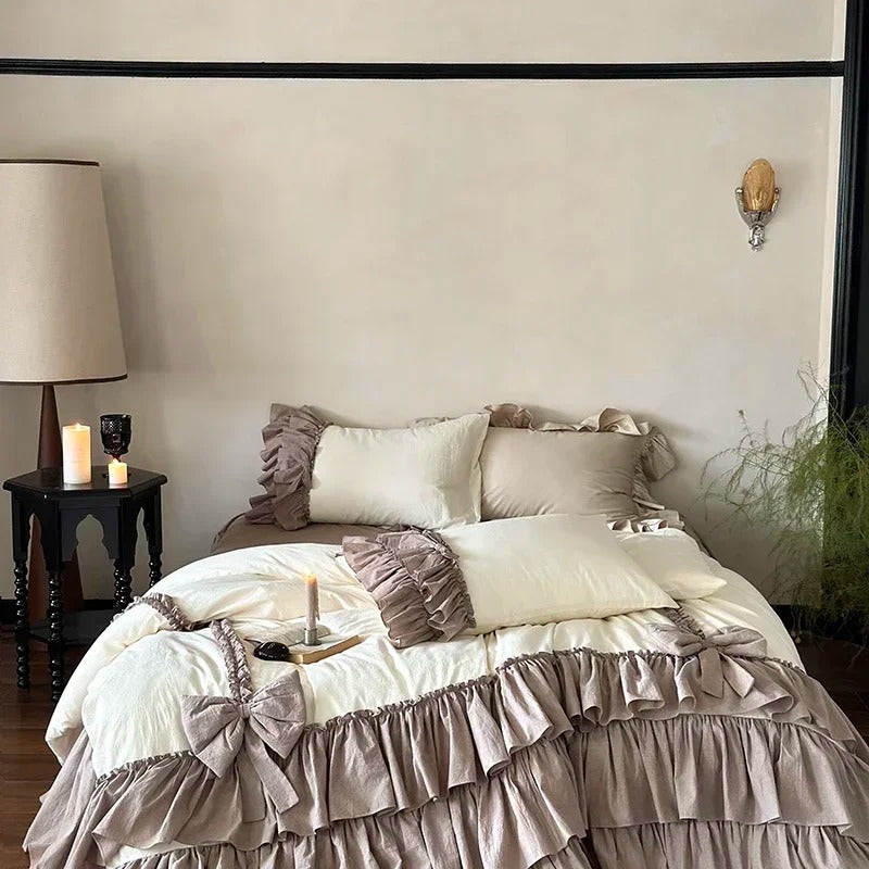 Elegant Ruffled Linen Bed Sheet Set with Duvet Cover - 600TC