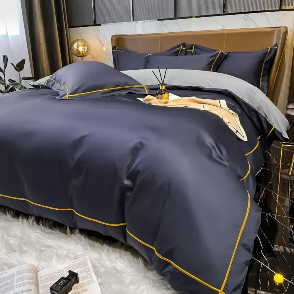 Navy Blue Silky Satin Bedding Set with Elegant Piping - 600TC