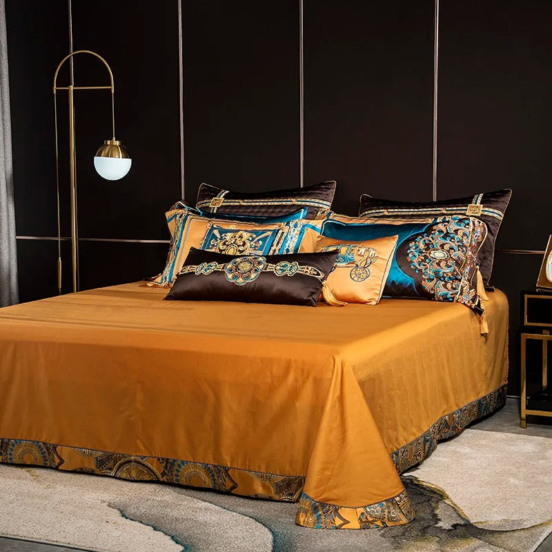 Jacquard Bedding Set with Golden and Teal Embroidery - 1500TC Egyptian Cotton