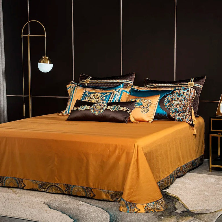 Jacquard Bedding Set with Golden and Teal Embroidery - 1500TC Egyptian Cotton