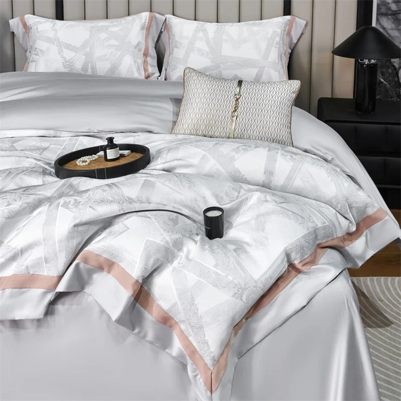 Light Gray Embroidery Tencel Cotton Bed Sheet Set with Duvet Cover - 1000TC
