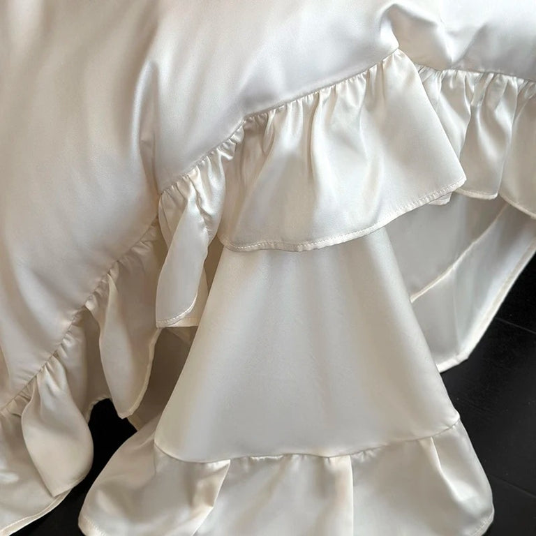 White Ruffled Lace Egyptian Cotton Bedding Set with Duvet Cover - 1000TC