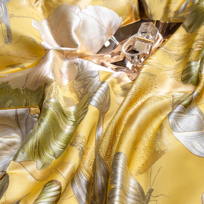 Yellow Floral Satin Jacquard Bedding Set with Duvet Cover - 1000TC