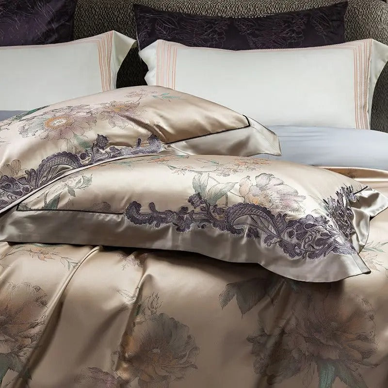 Light Purple Floral Embroidery Egyptian Cotton Bedding Set - 1500TC