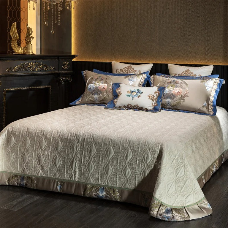 Royal Blue and Beige Floral Embroidered Bedding Set with Duvet Cover - 1000TC
