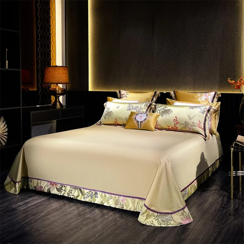Luxury Gold Floral Embroidery Bedding Set with Duvet Cover  - 1000TC