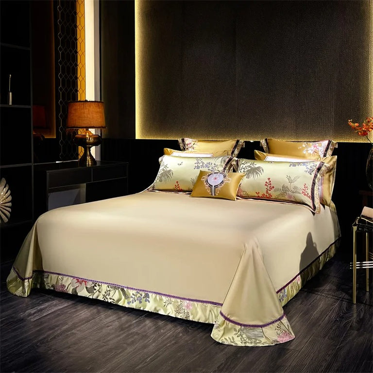 Luxury Gold Floral Embroidery Bedding Set with Duvet Cover  - 1000TC