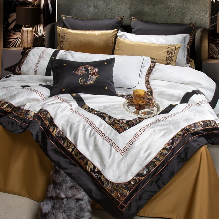 Royal White and Black Floral Embroidered Bedding Set – 1500TC