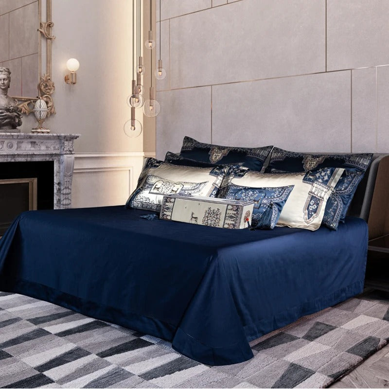 Luxurious Modern Embroidered Blue and Ivory Bedding Set - 1500TC