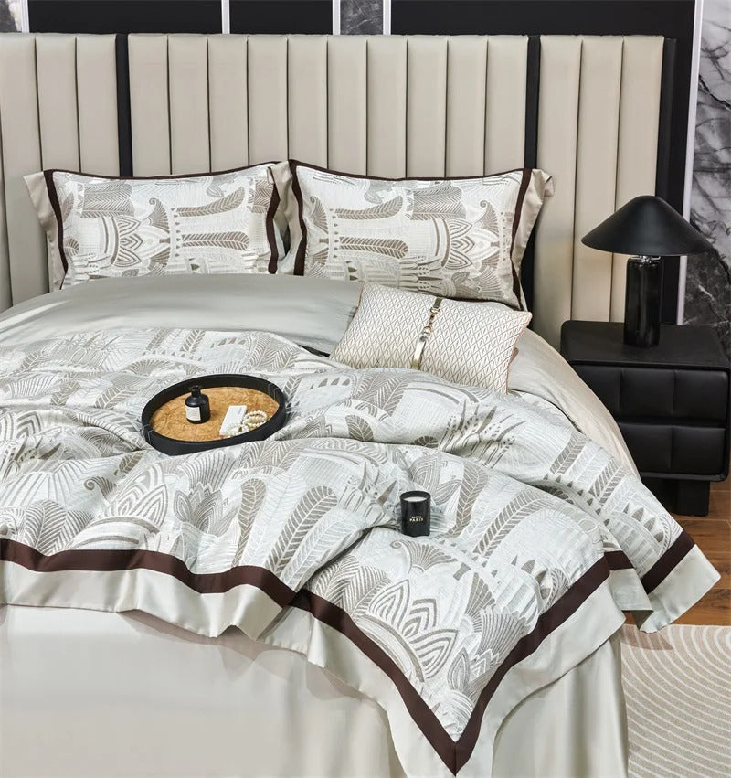 Ivory and Brown Geometric Border Bedding Set with Duvet Cover - 1000TC