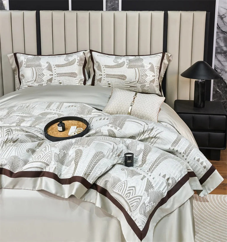 Ivory and Brown Geometric Border Bedding Set with Duvet Cover - 1000TC