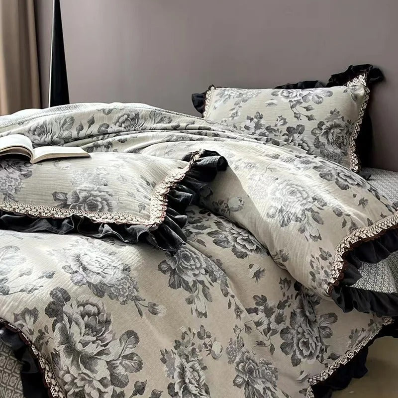 Gothic Floral Gauze Cotton Bedding Set with Duvet Cover - 1000TC