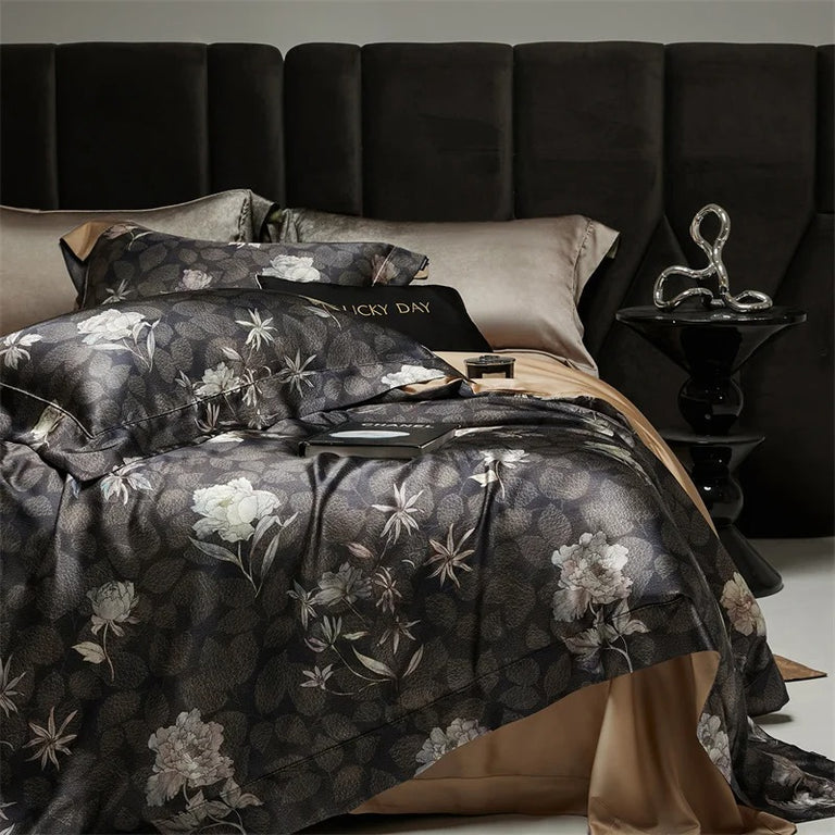 Luxurious Black Floral Satin Bedding Set with Duvet Cover - 1000TC