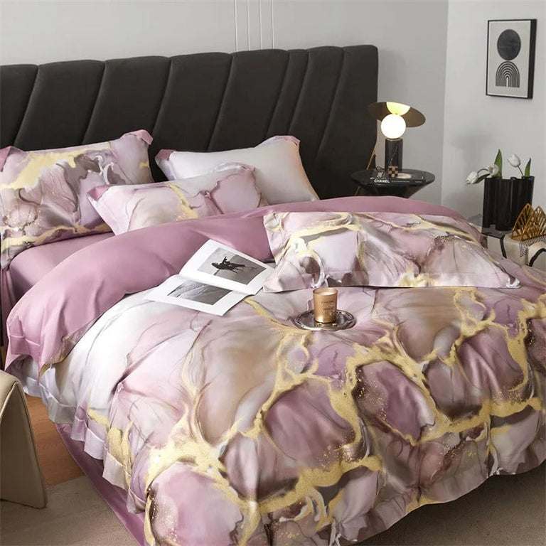 Blush and Gold Satin Bedding Set with Duvet Cover - 600TC