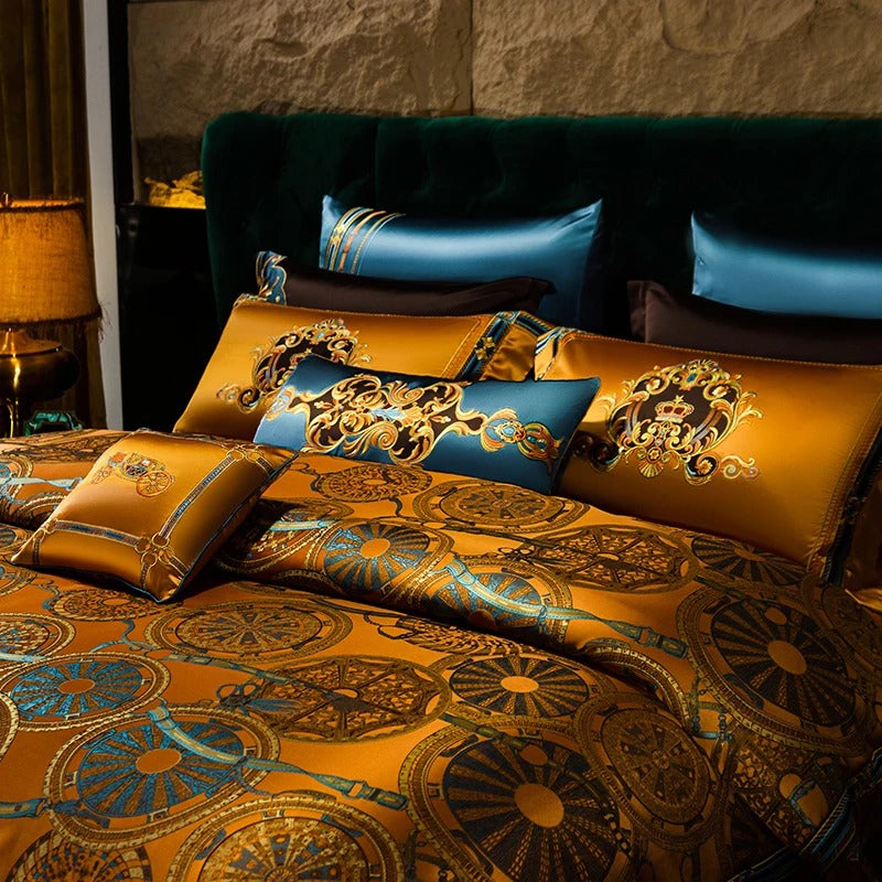 Golden and Blue Embroidery Bedding Set with Duvet Cover - 1000TC