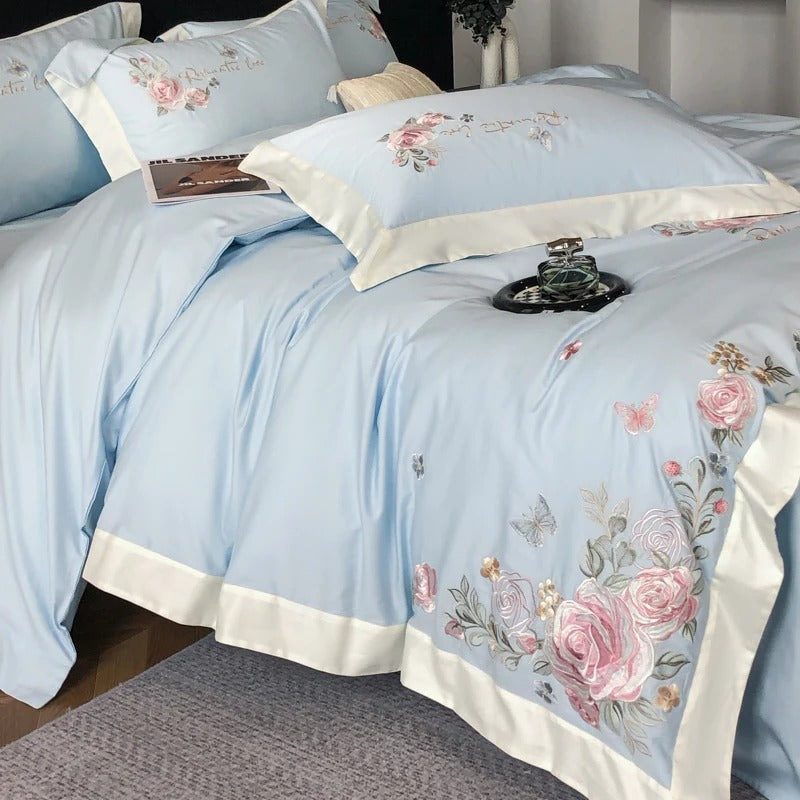 Pastel Blue Floral Embroidery Cotton Bedding Set with Duvet Cover - 900TC