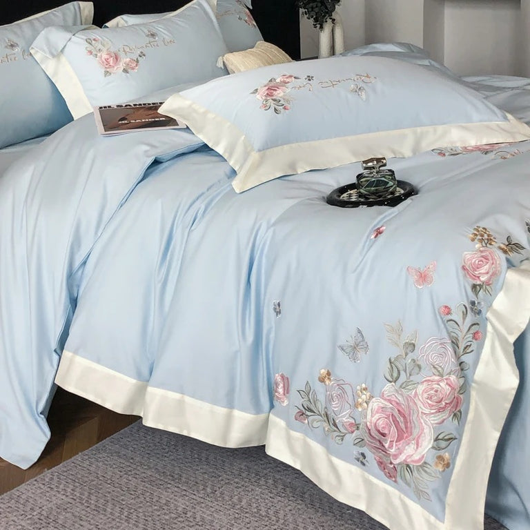 Pastel Blue Floral Embroidery Cotton Bedding Set with Duvet Cover - 900TC