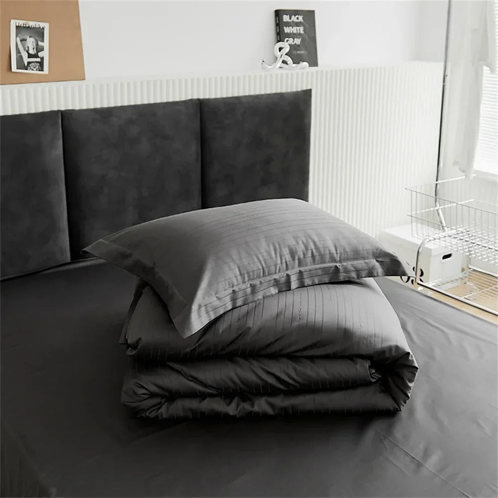 Luxury Striped Satin Cotton Bed Sheet Set with Duvet Cover - 400TC