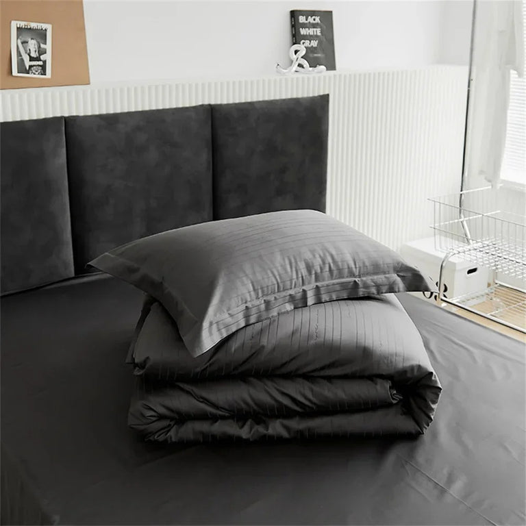 Luxury Striped Satin Cotton Bed Sheet Set with Duvet Cover - 400TC