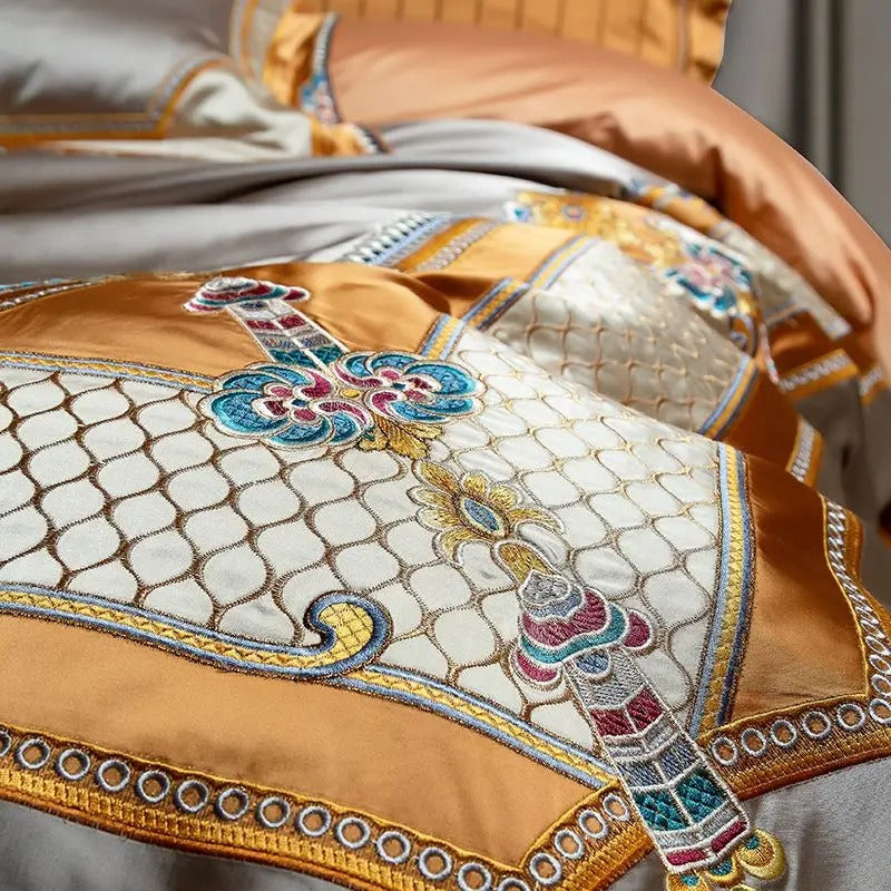 Rich Silver Satin Bedding Set with Unique Embroidered Border - 1500TC