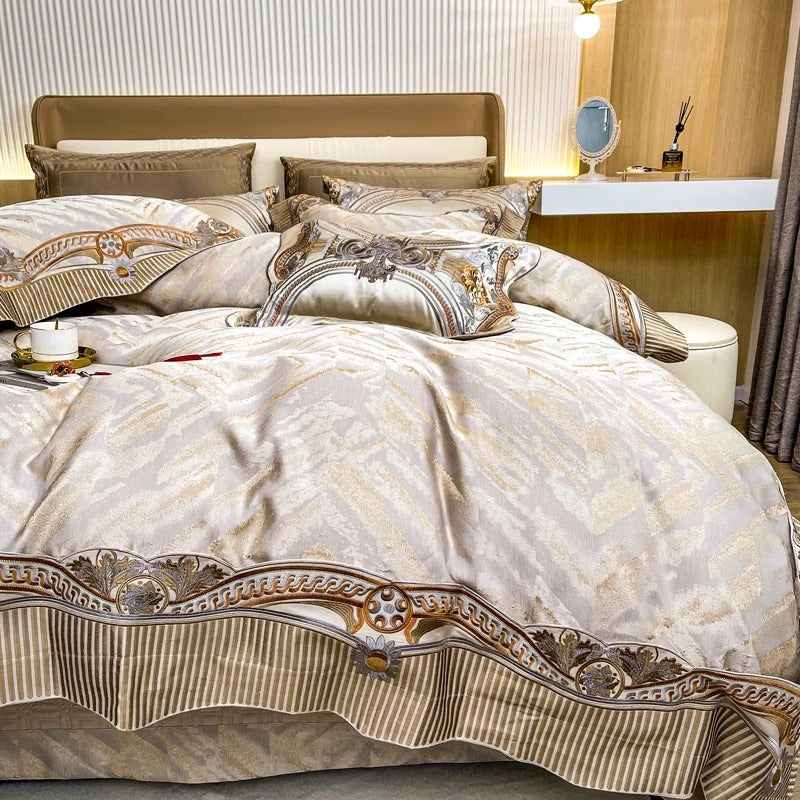 Cream and Gold Jacquard Bedding Set with an Embroidered Border - 1500TC