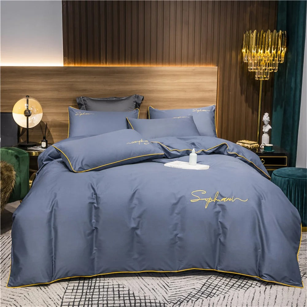 Black Bedding Set with Gold Piping & Signature Embroidery - 400TC