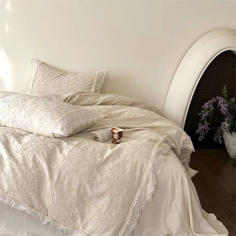 Classic Beige Satin Bedding Set with Beautiful Lace Trim - 600TC