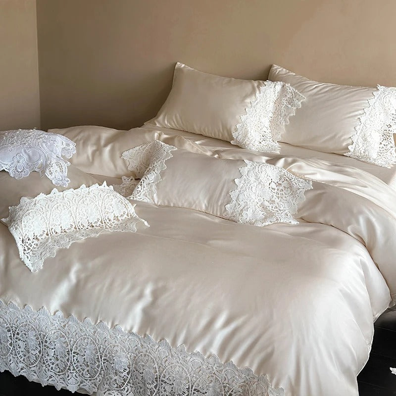 White Ruffled Lace Egyptian Cotton Bedding Set with Duvet Cover - 1000TC