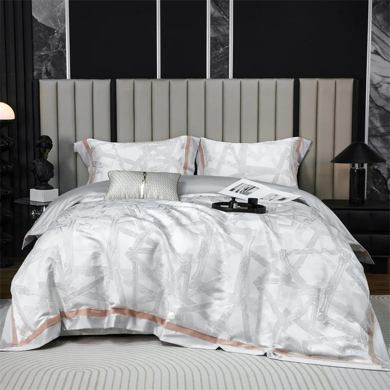 Light Gray Embroidery Tencel Cotton Bed Sheet Set with Duvet Cover - 1000TC