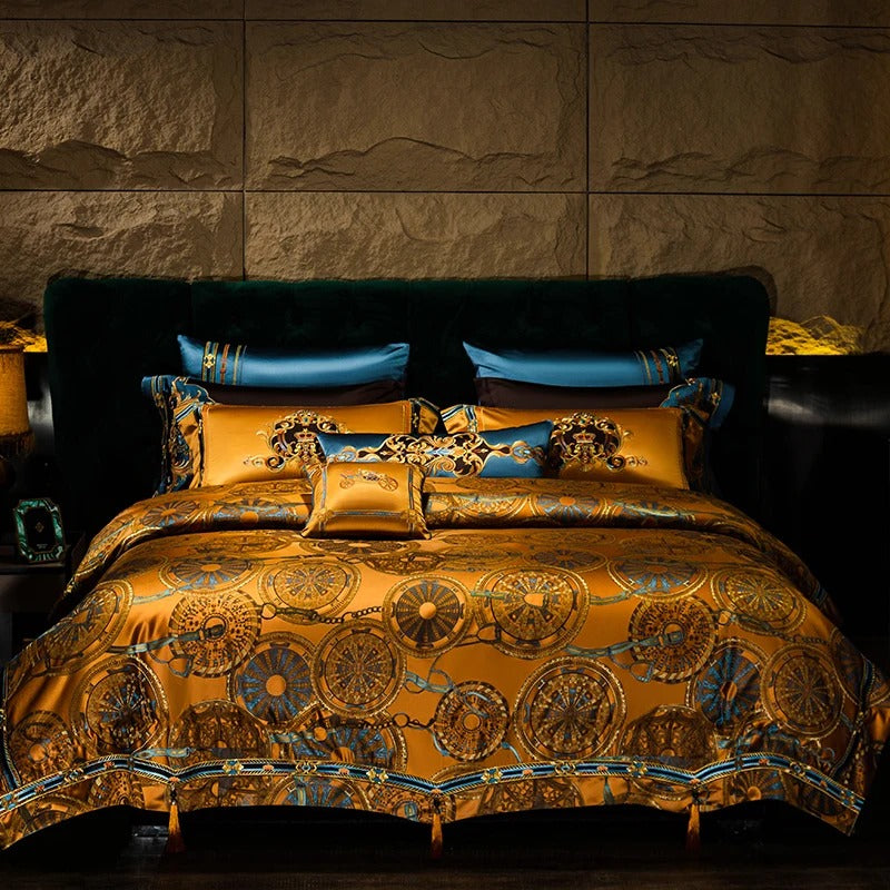 Golden and Blue Embroidery Bedding Set with Duvet Cover - 1000TC