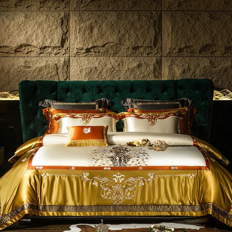 Royal Gold and White Satin Bedding with Modern Embroidery - 1000TC
