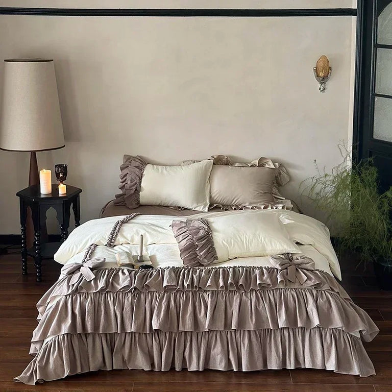 Elegant Ruffled Linen Bed Sheet Set with Duvet Cover - 600TC