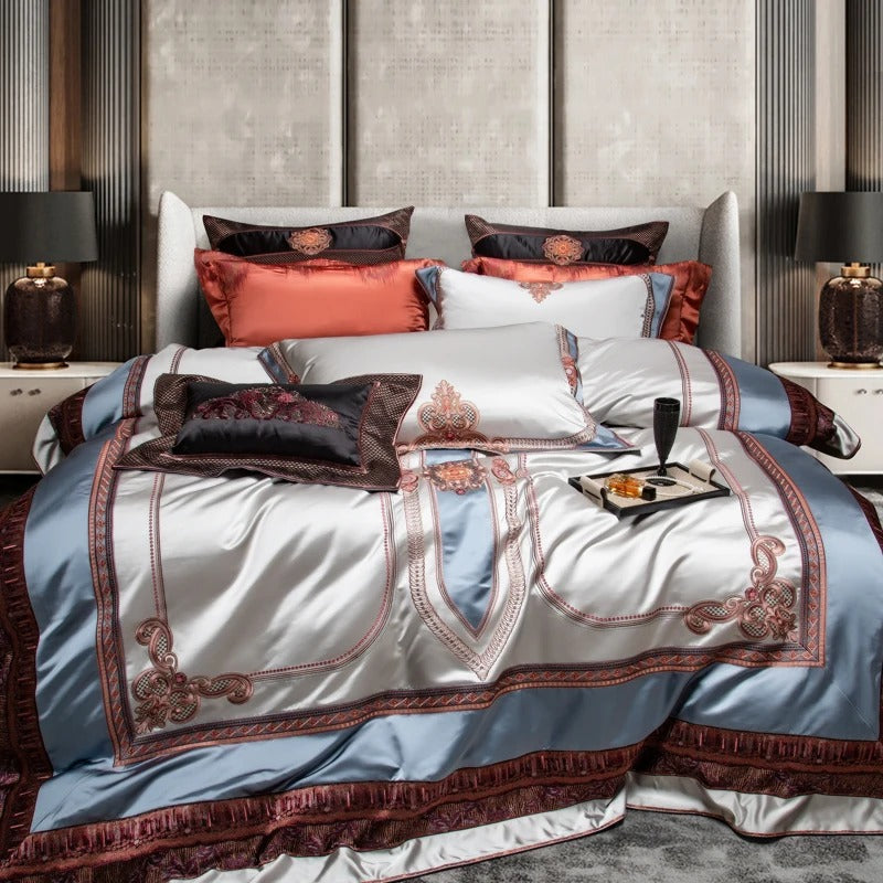 Richly Embroidered Satin Bedding Set With Duvet Cover - 1500TC