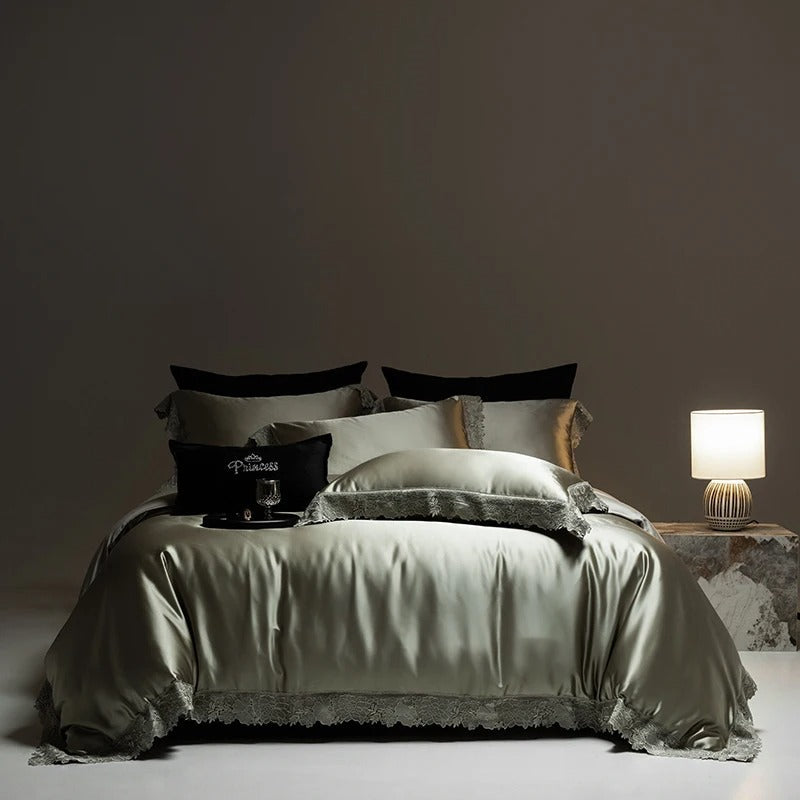 Champagne Gold Egyptian Cotton Lace Bedding Set with Duvet Cover - 1000TC