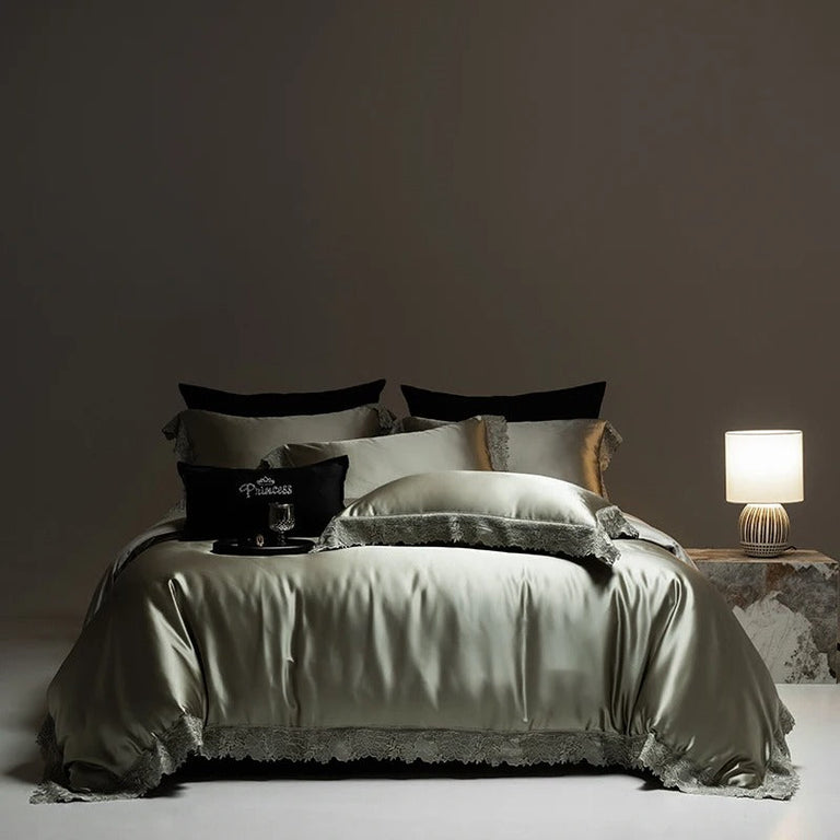 Champagne Gold Egyptian Cotton Lace Bedding Set with Duvet Cover - 1000TC