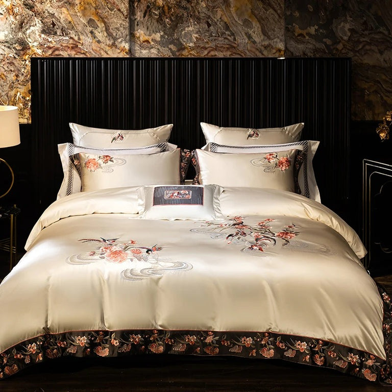 Premium Satin Flower & Bird Embroidered Bedding Set - 1000TC