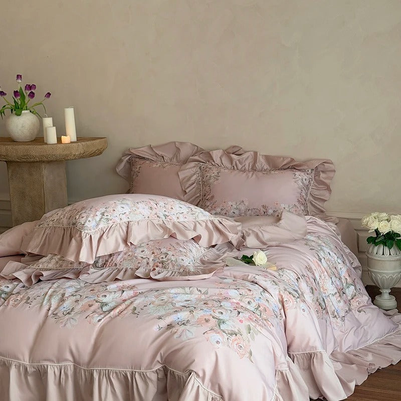 Egyptian Cotton Floral Satin Bed Sheet Set with Duvet Cover- 1000TC - Egyptian Bedding
