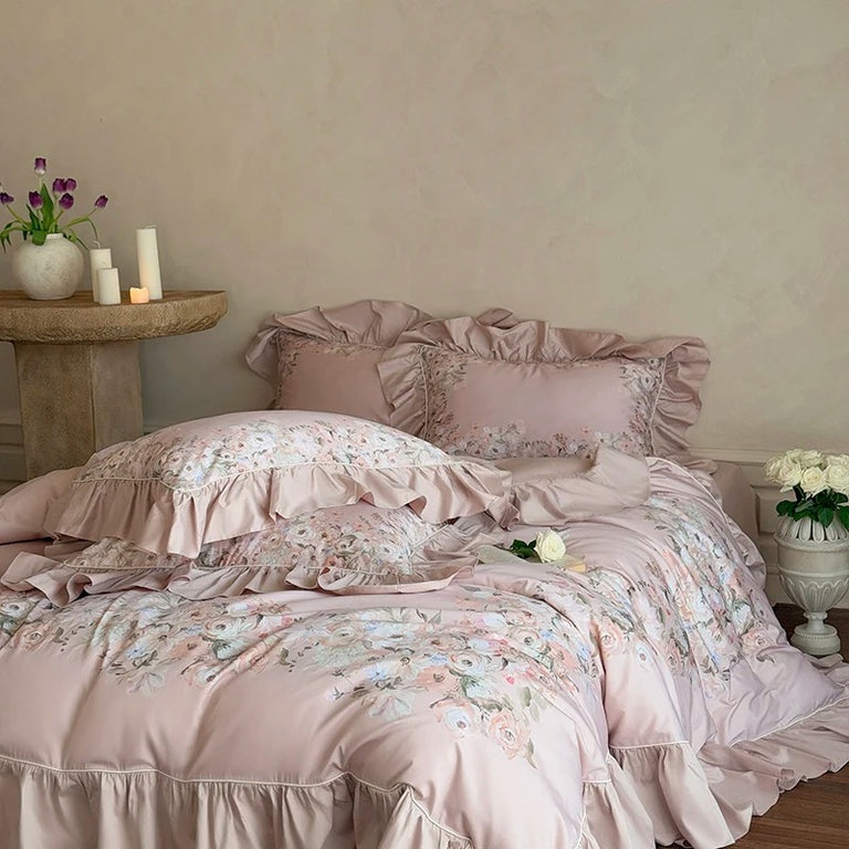 Egyptian Cotton Floral Satin Bed Sheet Set with Duvet Cover- 1000TC
