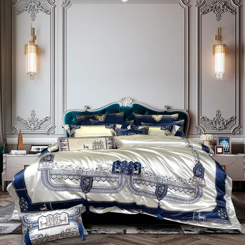 Luxurious Modern Embroidered Blue and Ivory Bedding Set - 1500TC