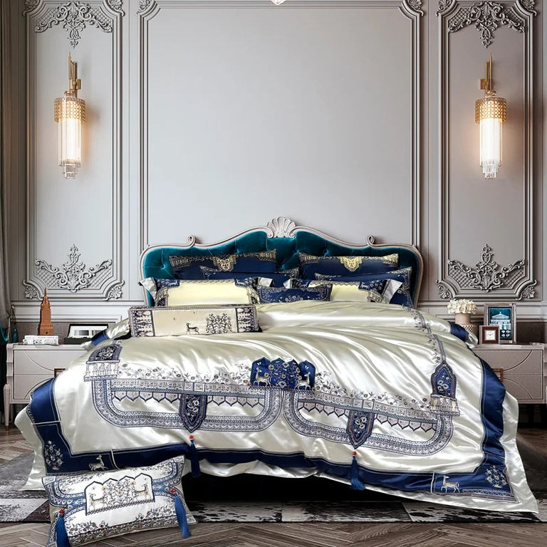 Luxurious Modern Embroidered Blue and Ivory Bedding Set - 1500TC