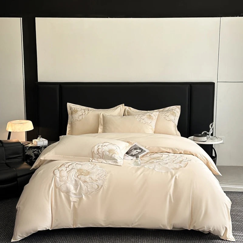 Embroidered Blue Satin Floral Bedding Set with Duvet Cover -  600TC