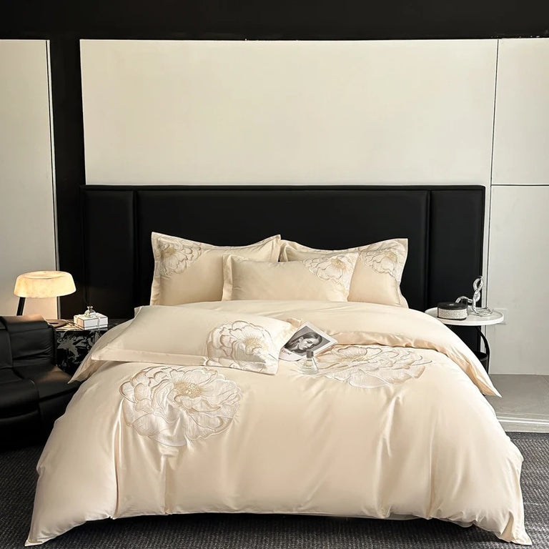 Embroidered Blue Satin Floral Bedding Set with Duvet Cover -  600TC