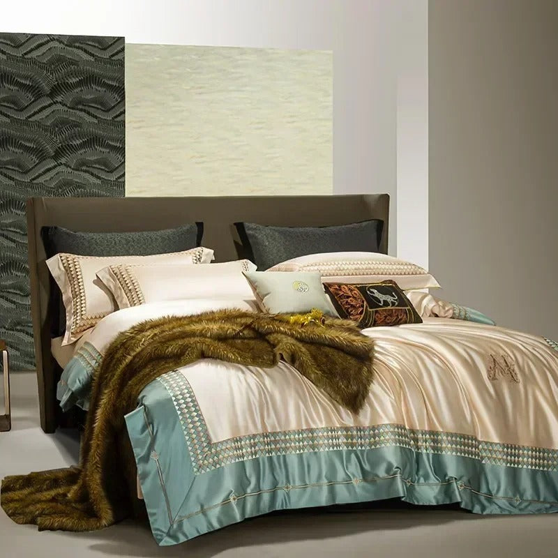 Champagne Gold Satin Embroidery Bedding Set with Duvet Cover - 1200TC