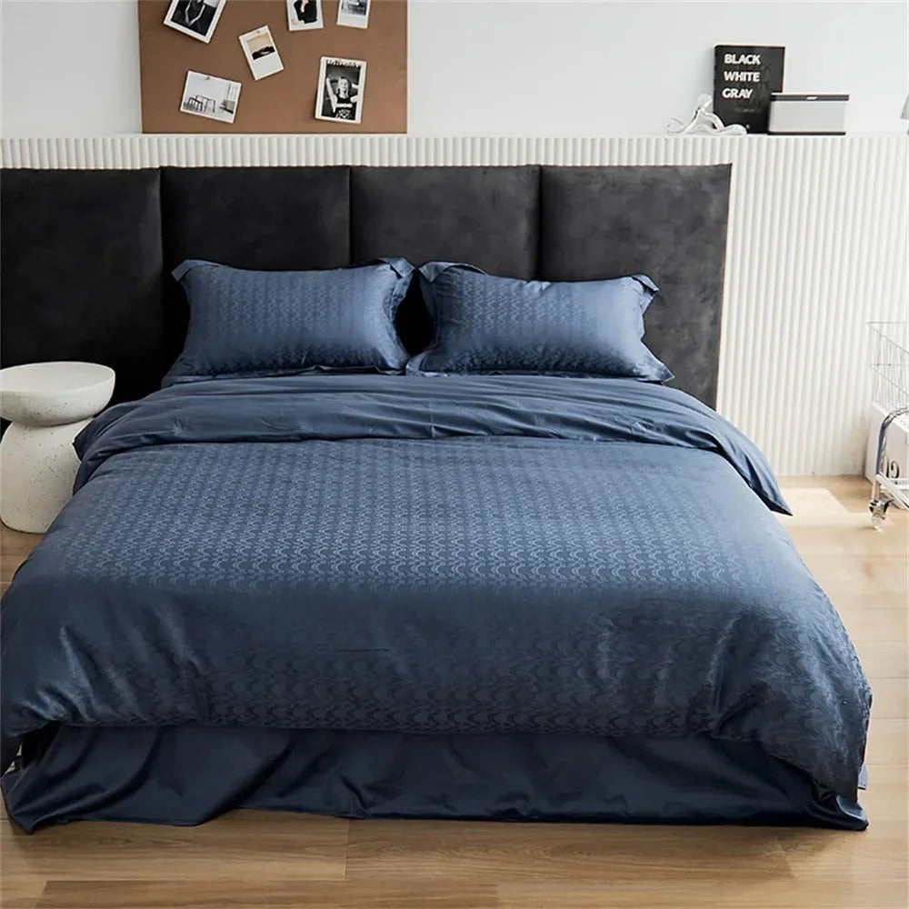 Luxury Striped Satin Cotton Bed Sheet Set with Duvet Cover - 400TC