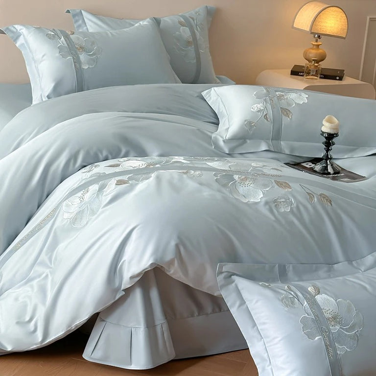 Luxury Blue Satin Bedding Set with Silver Floral Embroidery - 600TC