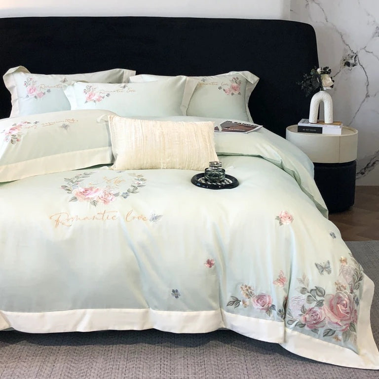 Pastel Blue Floral Embroidery Cotton Bedding Set with Duvet Cover - 900TC