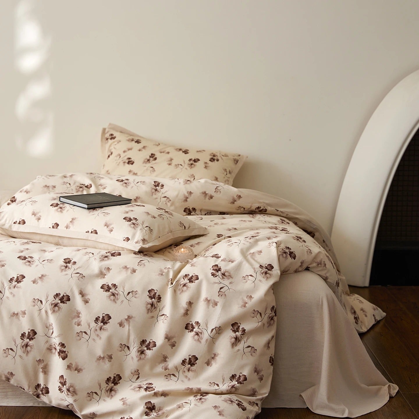 Soft Beige Floral Egyptian Cotton Bedding Set with Duvet Cover - 800TC